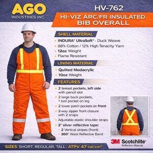 ARC FLASH FR Hi-Vis Insulated Bib Overalls CAT 2 ATPV 47 AGO HV-762 Large NWT